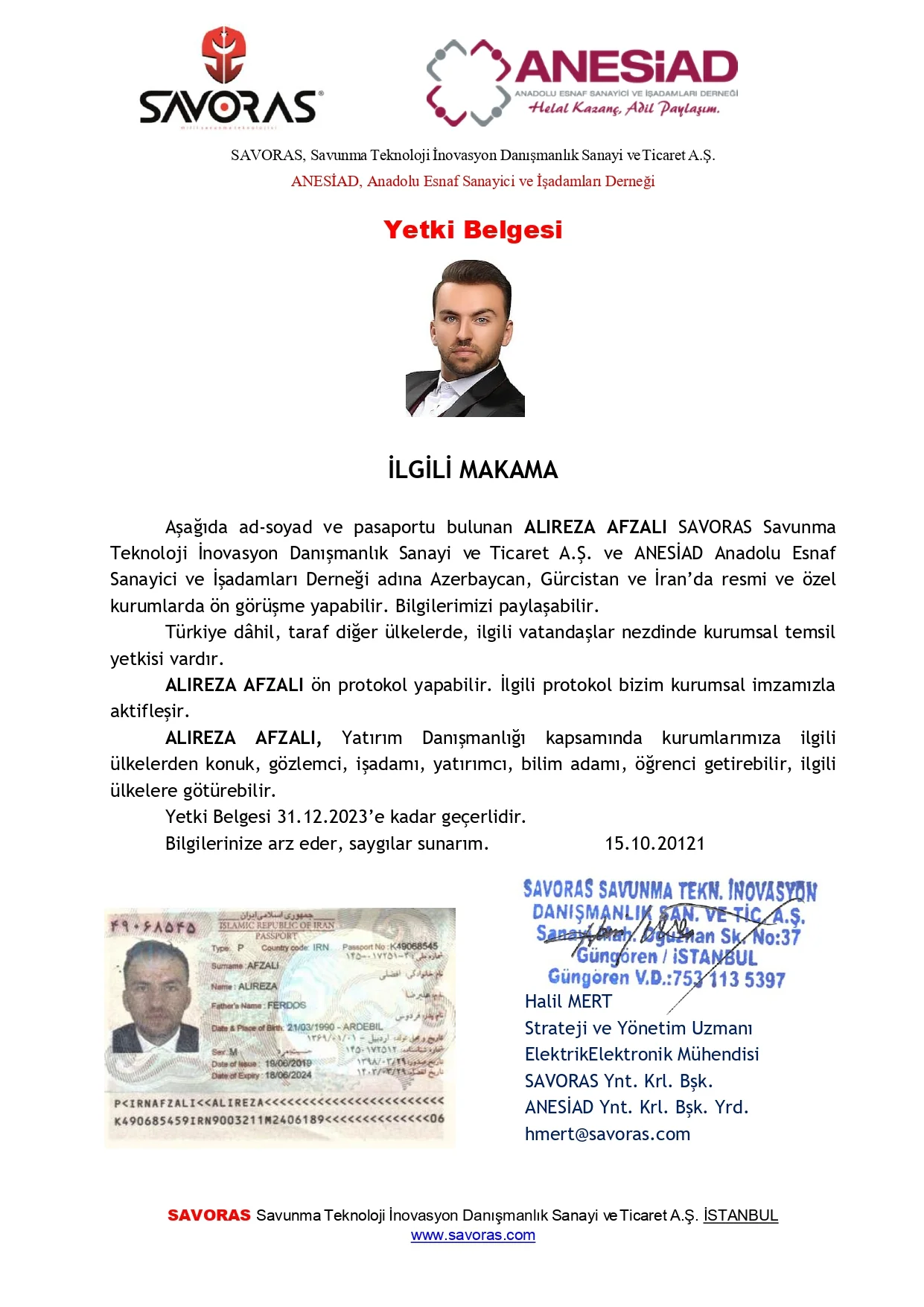 گواهی رسمی Yetki Belgesi - SAVORAS / ANESİAD ترکیه